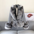 Nerzmantel Damen Kurz Houndstooth Pelzkragen Silberfuchs Pelzjacke