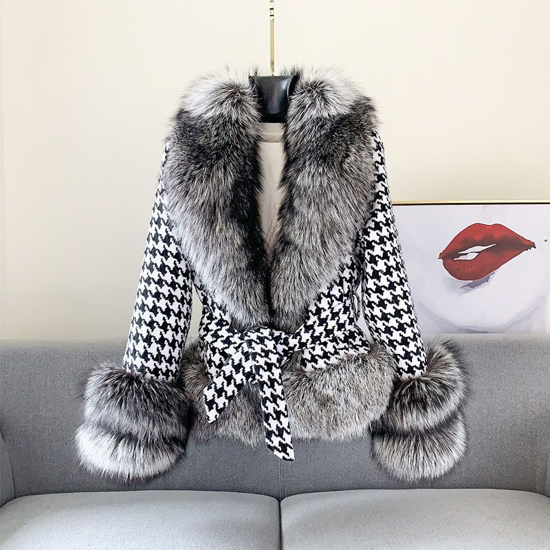 Nerzmantel Damen Kurz Houndstooth Pelzkragen Silberfuchs Pelzjacke