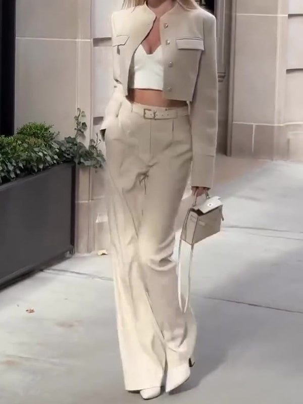 Elegant Two-Piece Suit – Long-Sleeved Top with Wide-Leg Pants