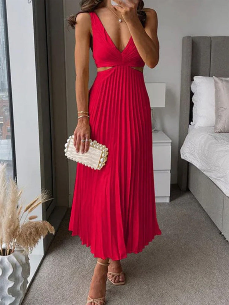 Elegant Pleated Long Dress – Hollow Waist V-Neck Backless Suspender Style