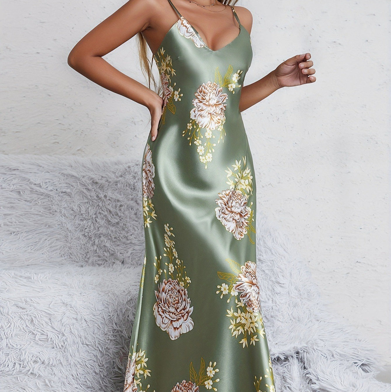 Women's Floral Maxi Slip Dress, Sleeveless V-Neck