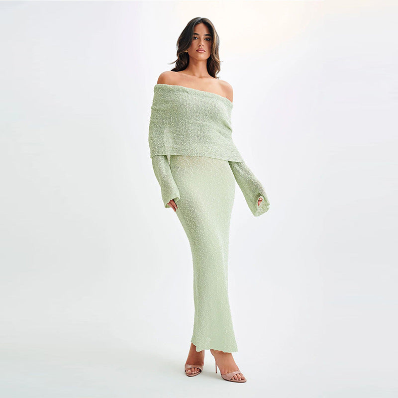 Stylisches Abendkleid – Figurbetont, gestrickt, schulterfrei, lang, modisch