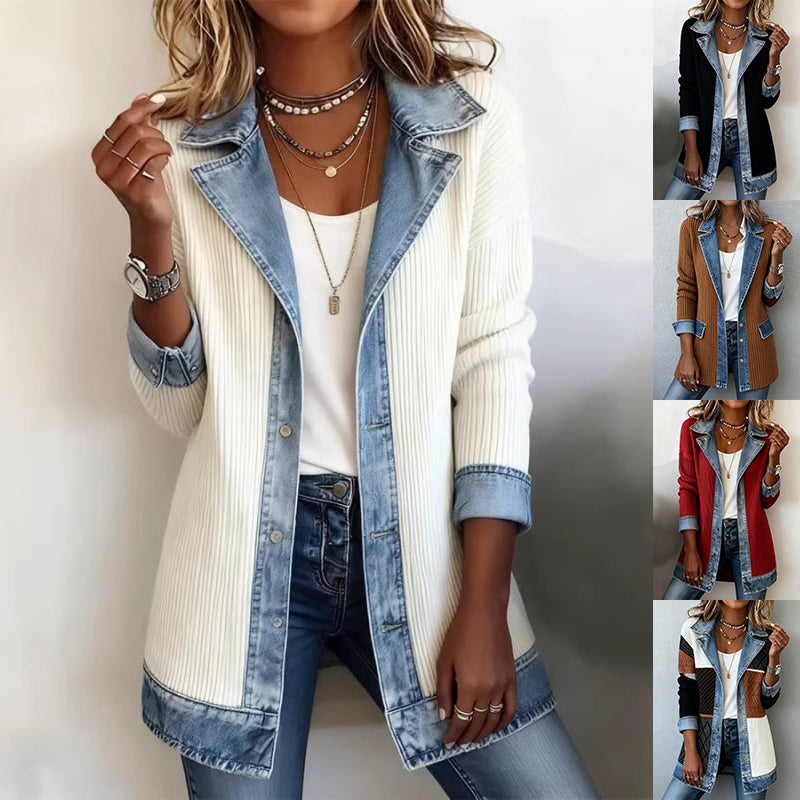 Veste en jean patchwork, style urbain, avec revers et boutons, manches longues, pour femme.