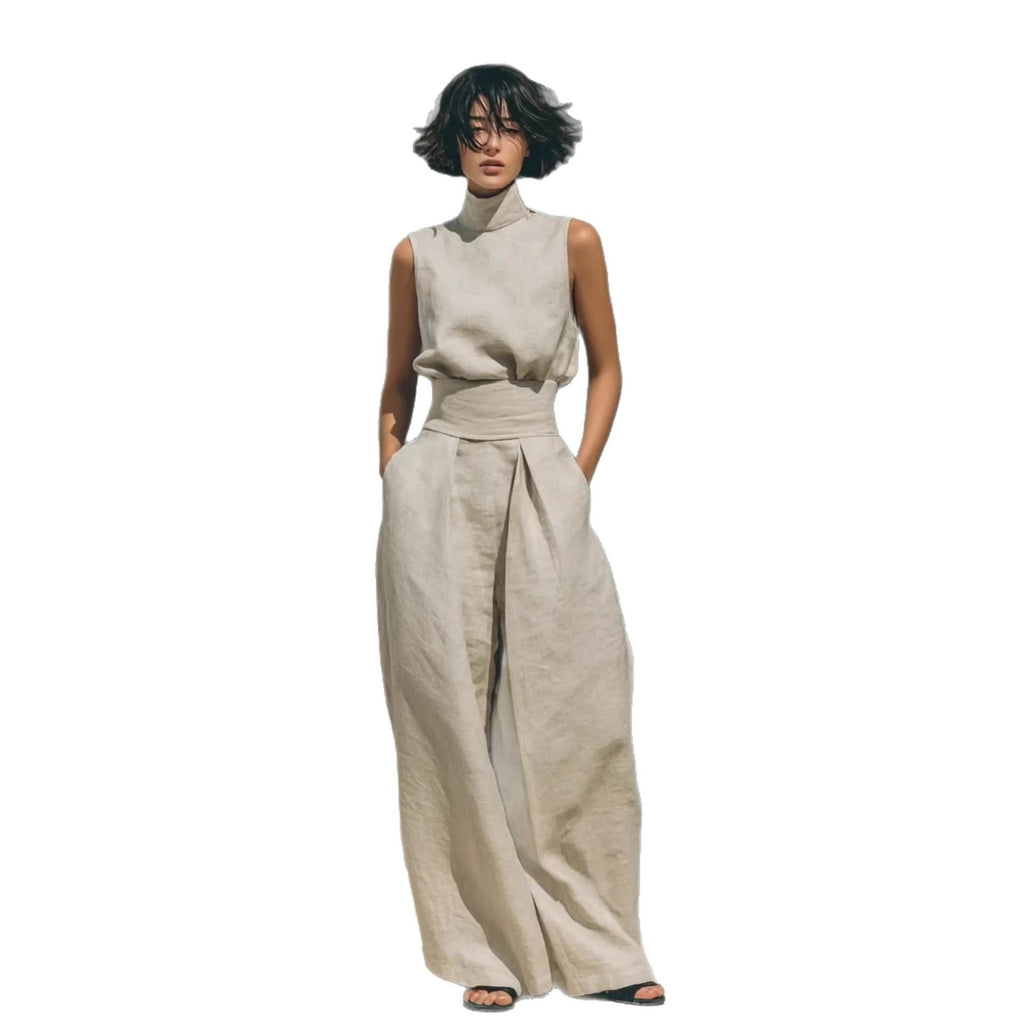 Elegant Women’s Co-ord Set – Sleeveless Stand-Up Collar Top & Loose Trousers