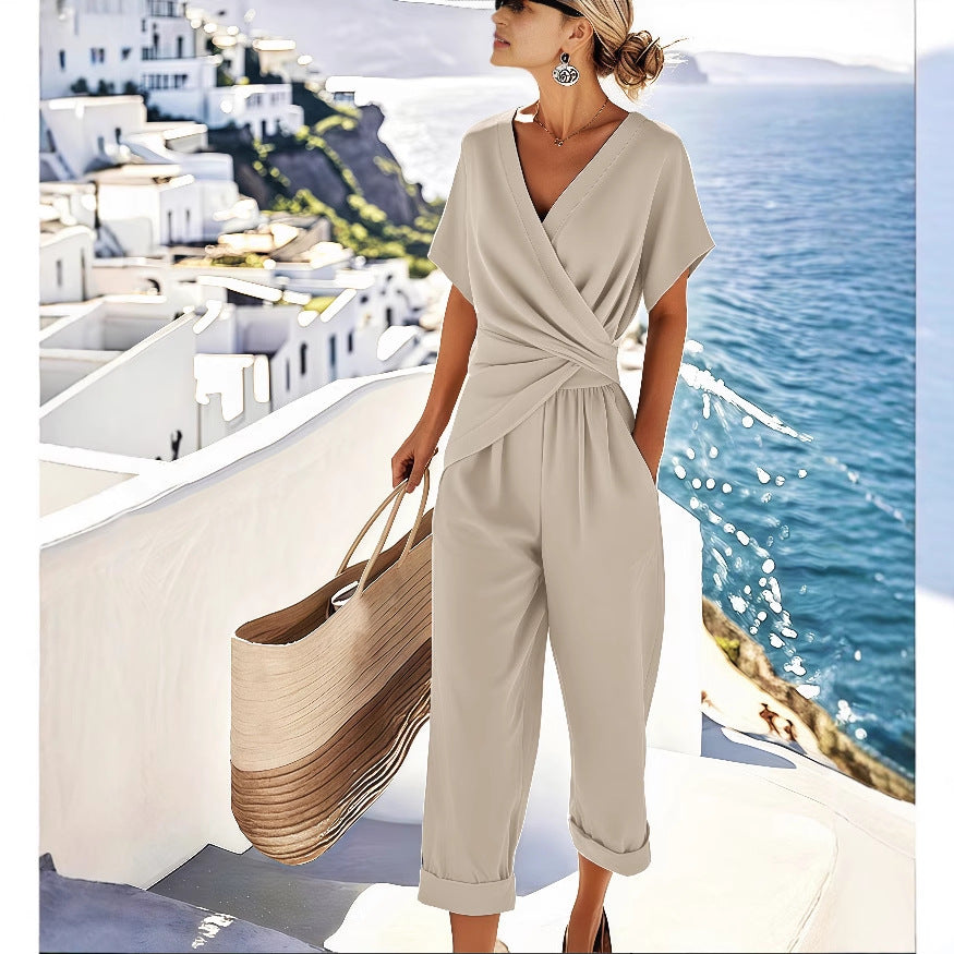 “Women’s Summer Two-Piece Suit – V-Neck Irregular Pleated Top with Slim Pants