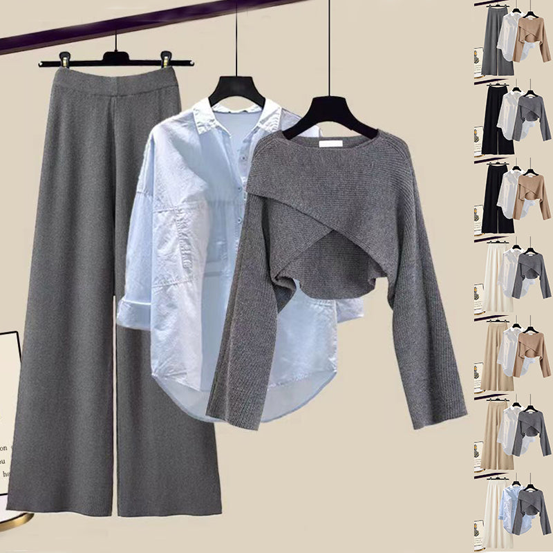 Elegant 3-Piece Outfit – Knitted Sweater Top with Shirt and Wide-Leg Pants