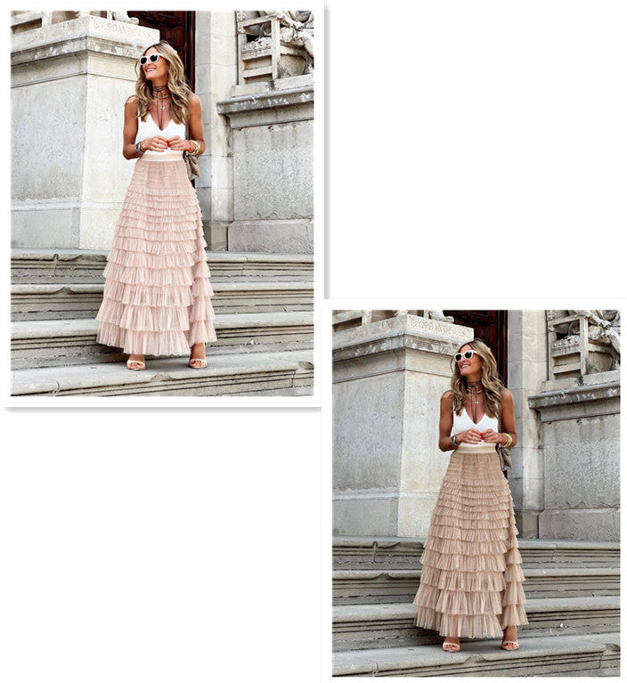 Women’s Summer Mesh Maxi Skirt – Layered Ruffle Cake Style Party Outfit