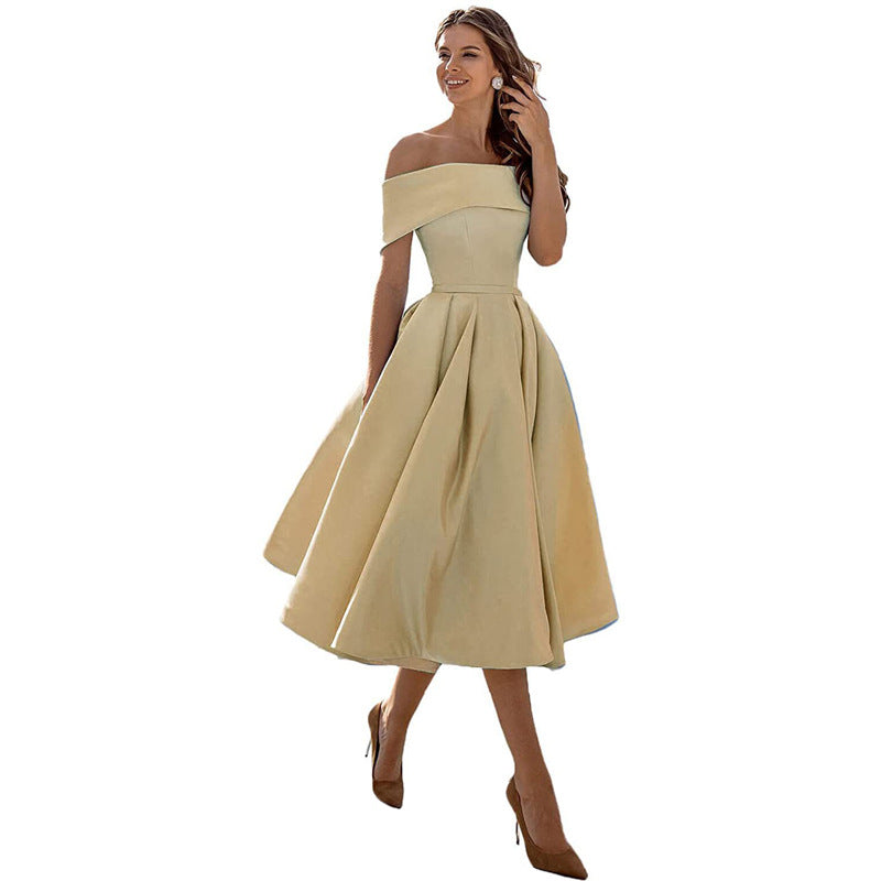 Elegant Satin Strapless Dress – Women’s Off-Shoulder Tea-Length Evening Outfit with Pockets