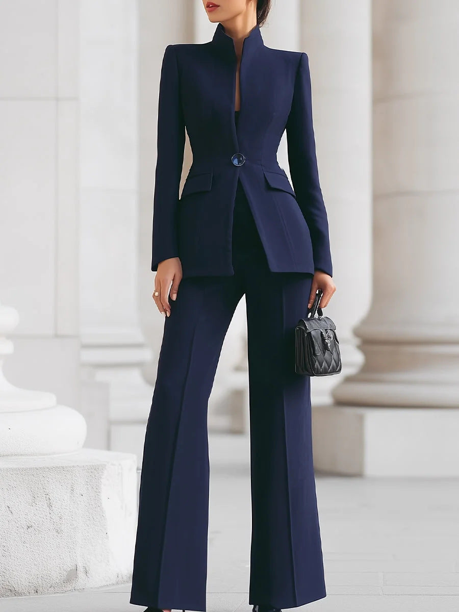 Eleganter zweiteiliger Damenanzug – Langarm-Blazer & Hose mit weitem Bein