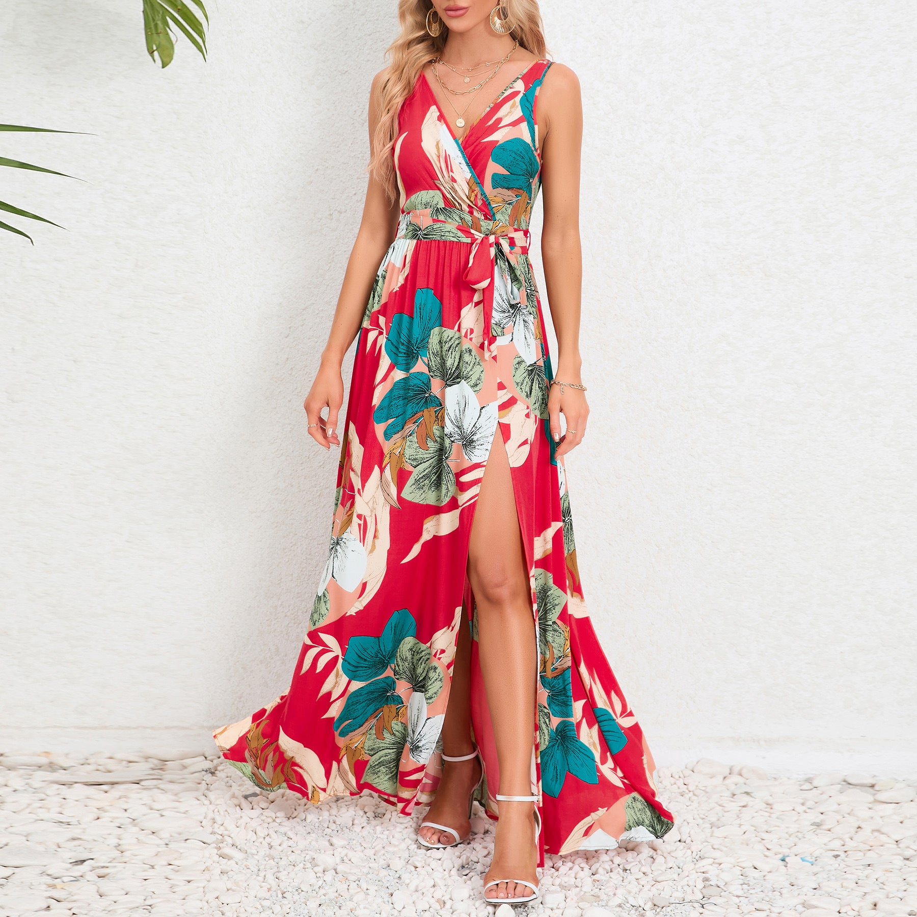 Women’s Summer Floral Maxi Dress – V-Neck Sleeveless Waist Tie Slit Outfit