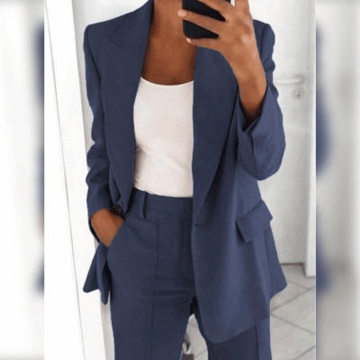 Trendy Women’s Workwear – Casual Long Sleeve Blazer Jacket with Slim Fit Trousers
