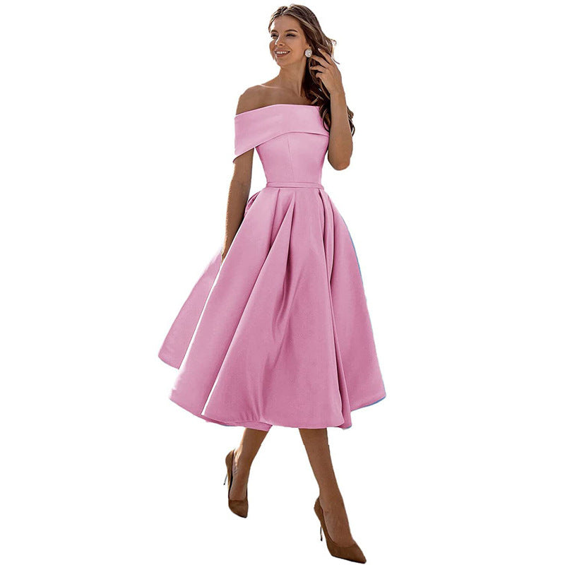 Elegant Satin Strapless Dress – Women’s Off-Shoulder Tea-Length Evening Outfit with Pockets
