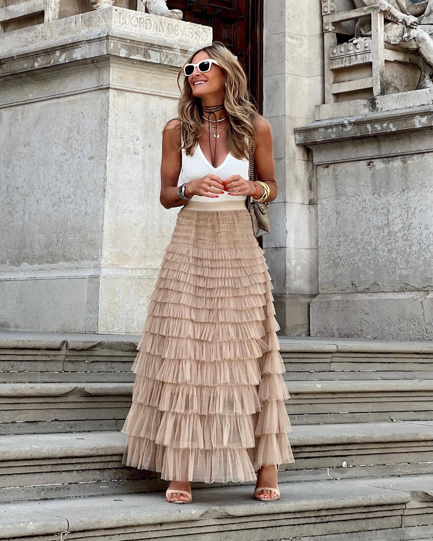 Women’s Summer Mesh Maxi Skirt – Layered Ruffle Cake Style Party Outfit