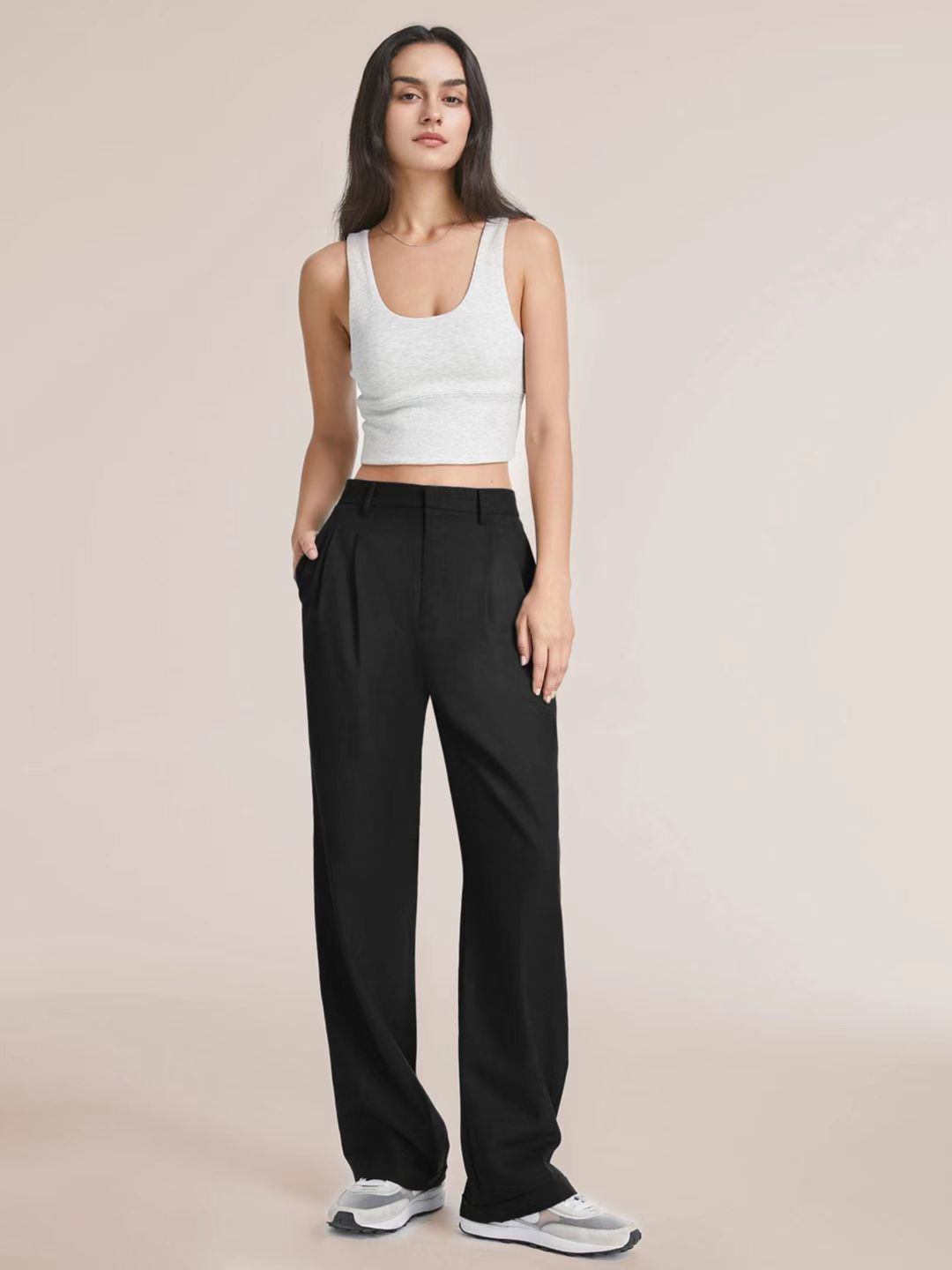 High-Waist-Hose mit geradem Bein, Taschen und weitem Bein, Freizeithose für Damen
