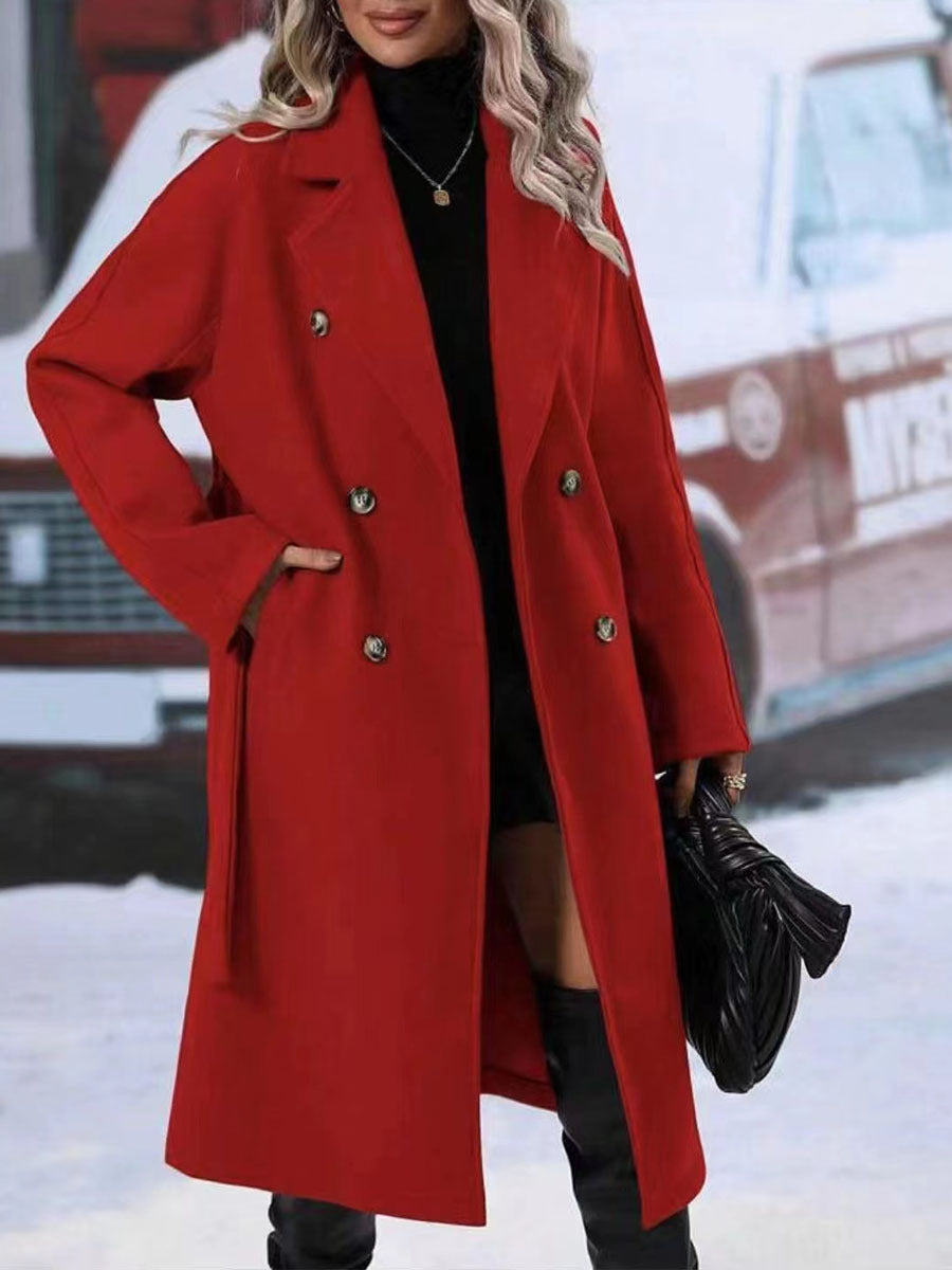 Revers-Zweireiher-Trenchcoat mit Gürtel Wintermode Einfarbig Lange Jacke Oberbekleidung Damenbekleidung