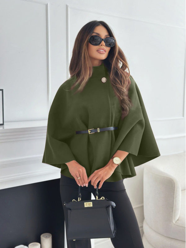 Women’s Woolen Cloak Jacket – Stand Collar Batwing Sleeve Belted Sweater Outwear