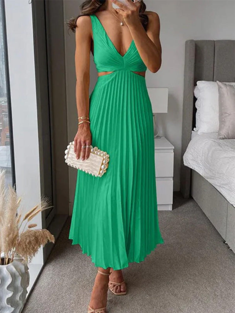 Elegant Pleated Long Dress – Hollow Waist V-Neck Backless Suspender Style