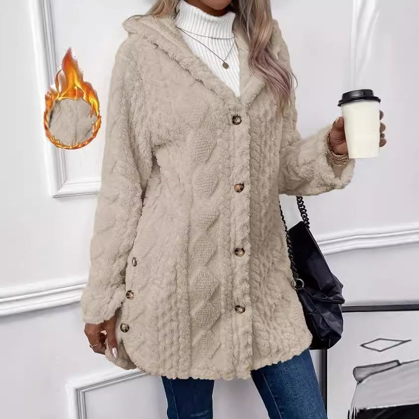 Kapuzenstrickjacke mit Knöpfen, langer Jacke, Winter, einfarbig, Langarmmantel