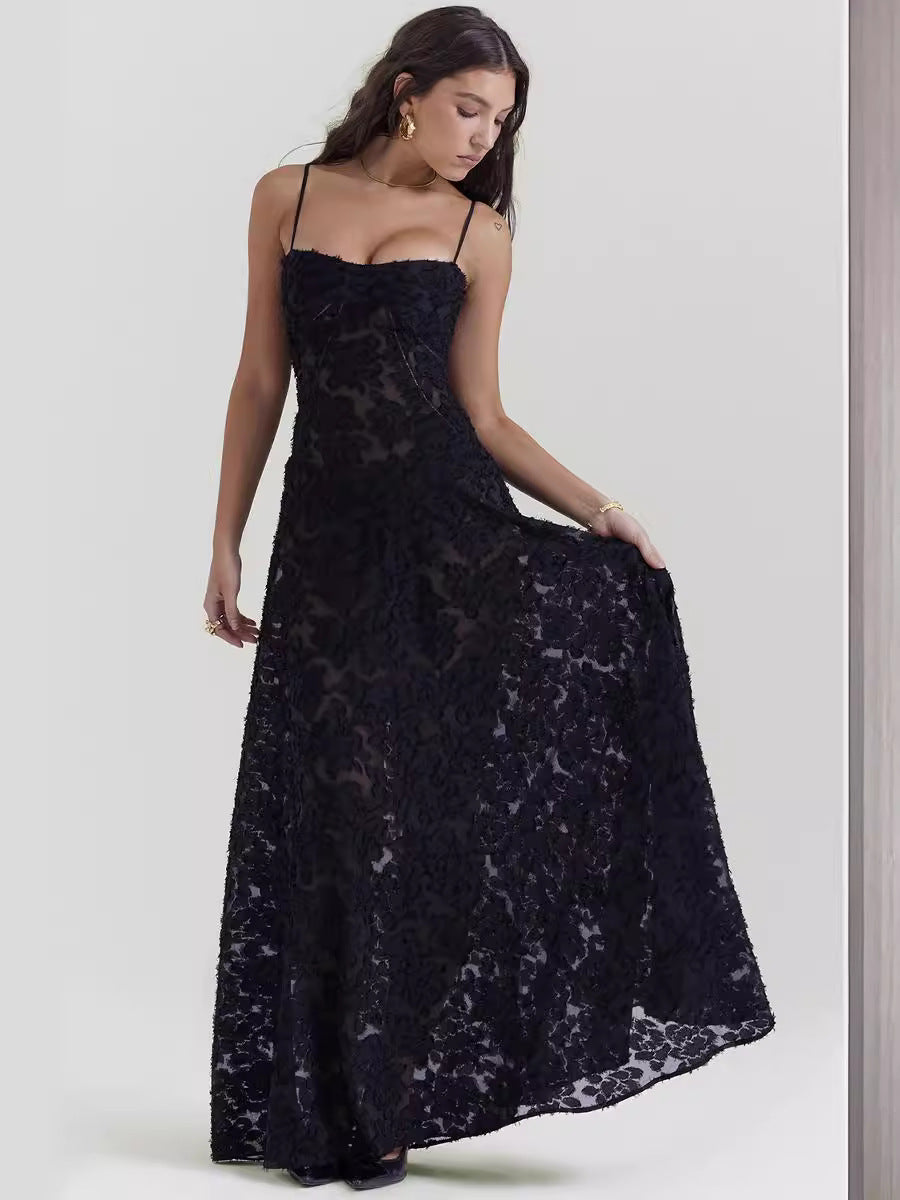 Robe Longue Fleurie en Dentelle pour Femme – Robe de Soirée Sexy à Bretelles et Dos Nu