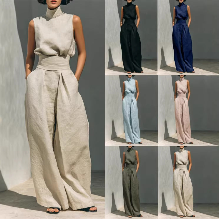 Elegant Women’s Co-ord Set – Sleeveless Stand-Up Collar Top & Loose Trousers