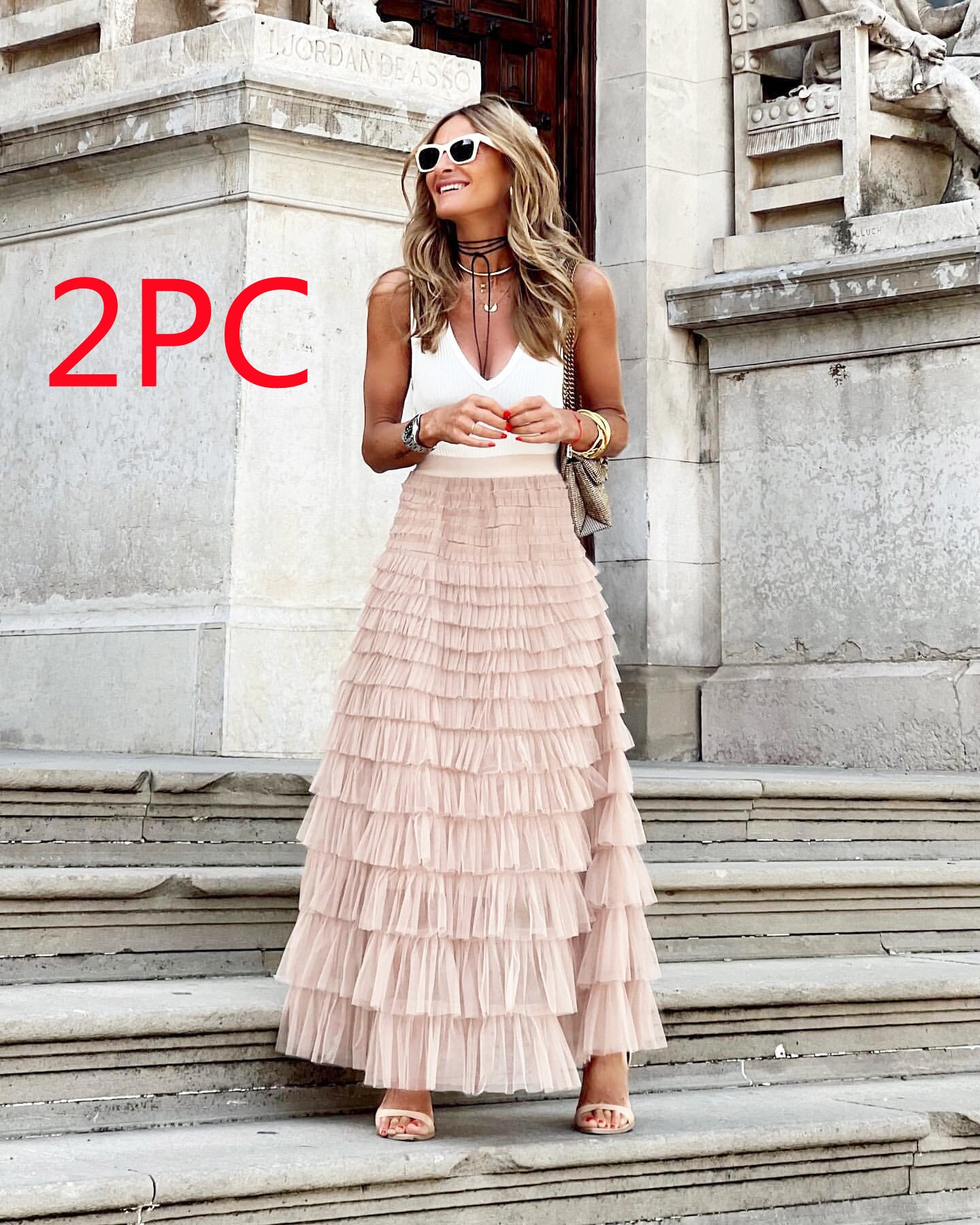 Women’s Summer Mesh Maxi Skirt – Layered Ruffle Cake Style Party Outfit