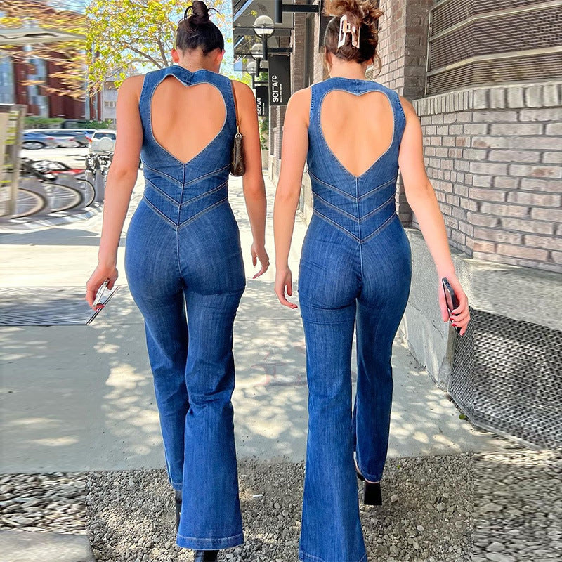 Women’s Summer Denim Jumpsuit – Slim Fit Halter Neck Heart-Shape Backless Style