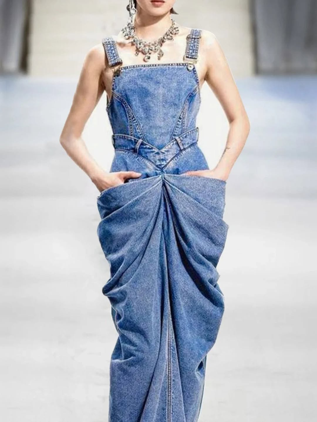 Elegant Denim Suspender Pleated Dress for Women