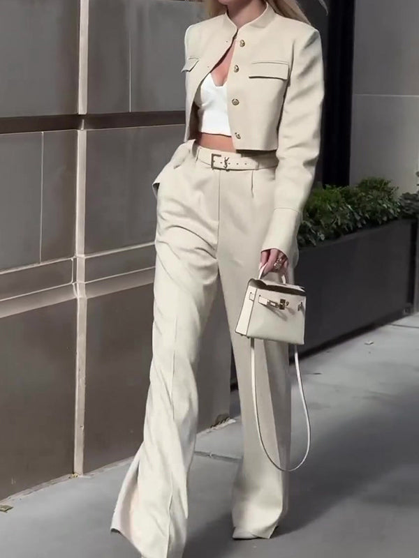Elegant Two-Piece Suit – Long-Sleeved Top with Wide-Leg Pants