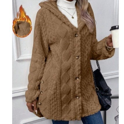 Kapuzenstrickjacke mit Knöpfen, langer Jacke, Winter, einfarbig, Langarmmantel