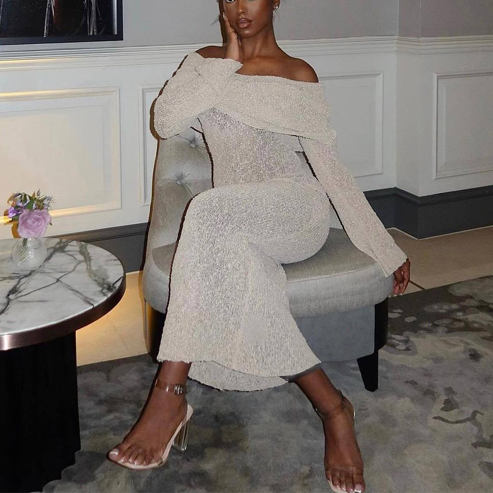 Stylisches Abendkleid – Figurbetont, gestrickt, schulterfrei, lang, modisch