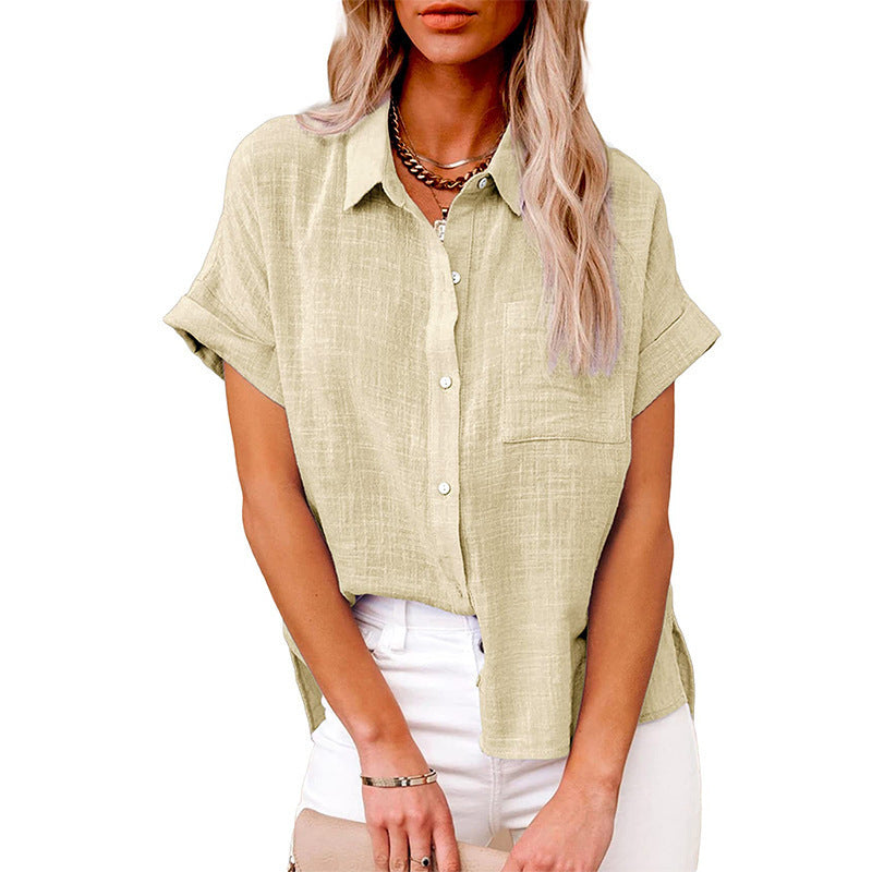 Women’s Summer Lapel Shirt – Solid Color Short Sleeve Button Top with Pockets