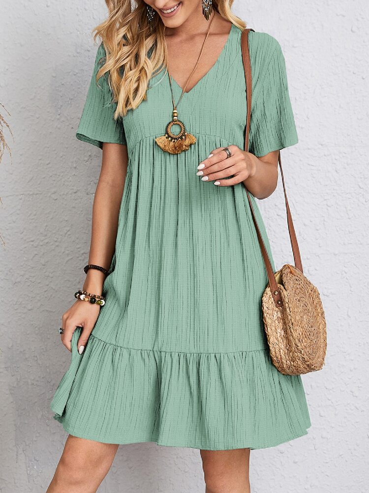 Elegant Ruffled Midi Dress – V-Neck Short Sleeve Summer Fashion