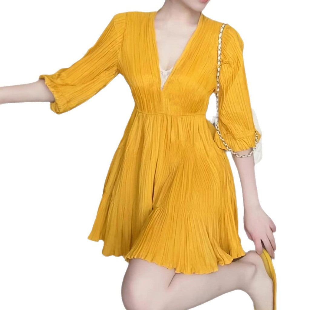 A-line V-neck Mini Dress with Lantern Sleeves