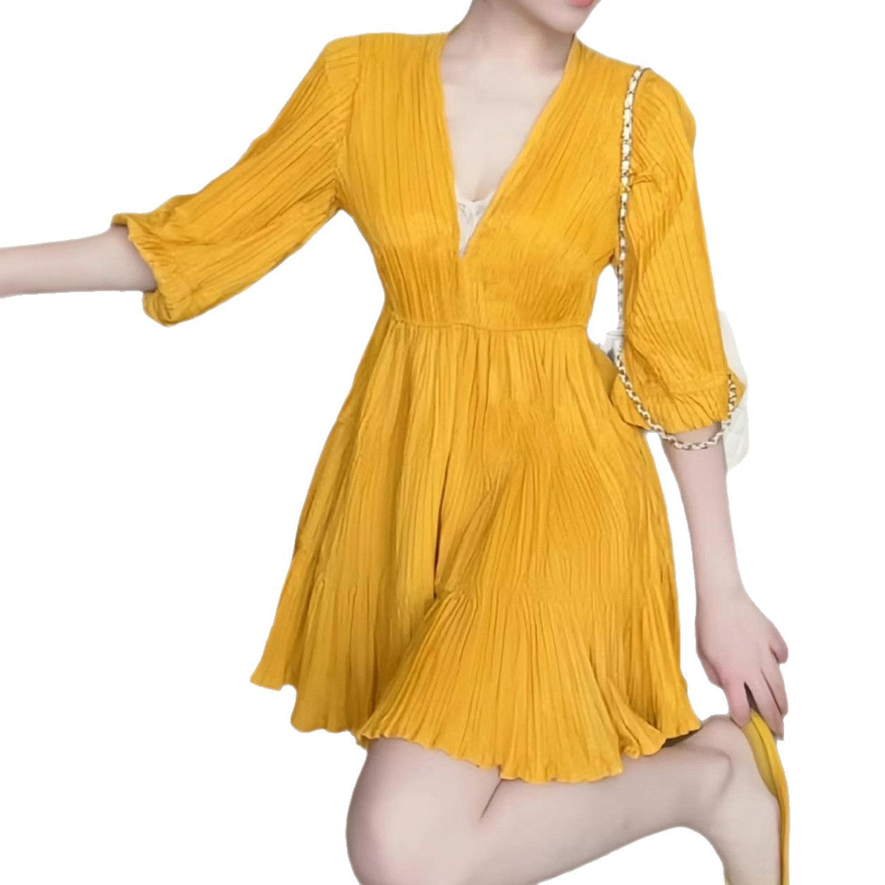 A-line V-neck Mini Dress with Lantern Sleeves