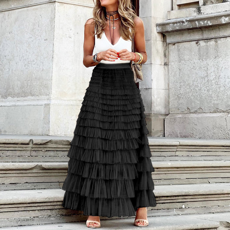 Women’s Summer Mesh Maxi Skirt – Layered Ruffle Cake Style Party Outfit
