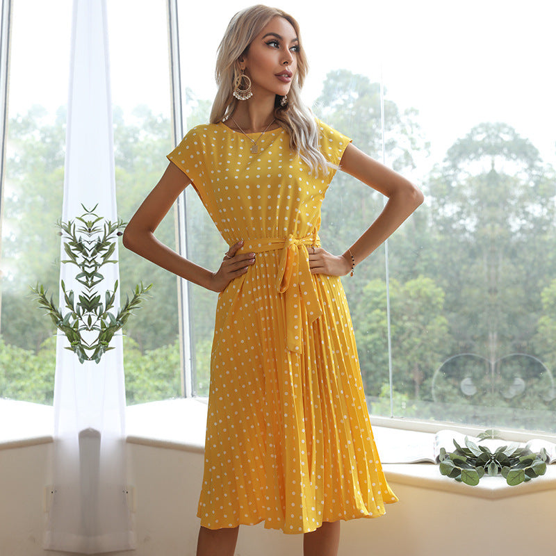 Elegant Polka Dot Midi Dress – Summer V-Neck Short Sleeve Casual Party Outfit