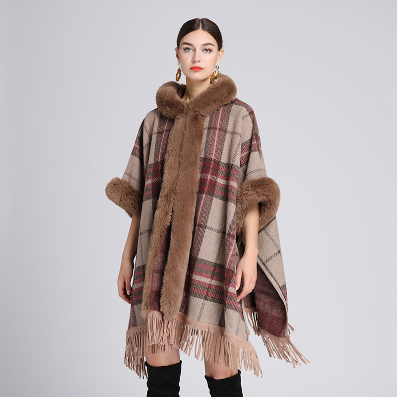 Lockerer Plaid Plus Kaschmir Pelzkragen Gestrickter Inverness