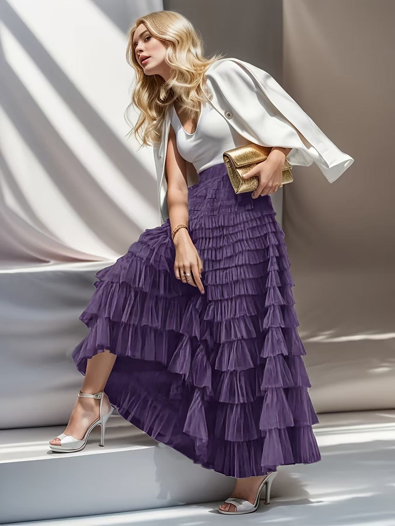 Women’s Summer Mesh Maxi Skirt – Layered Ruffle Cake Style Party Outfit