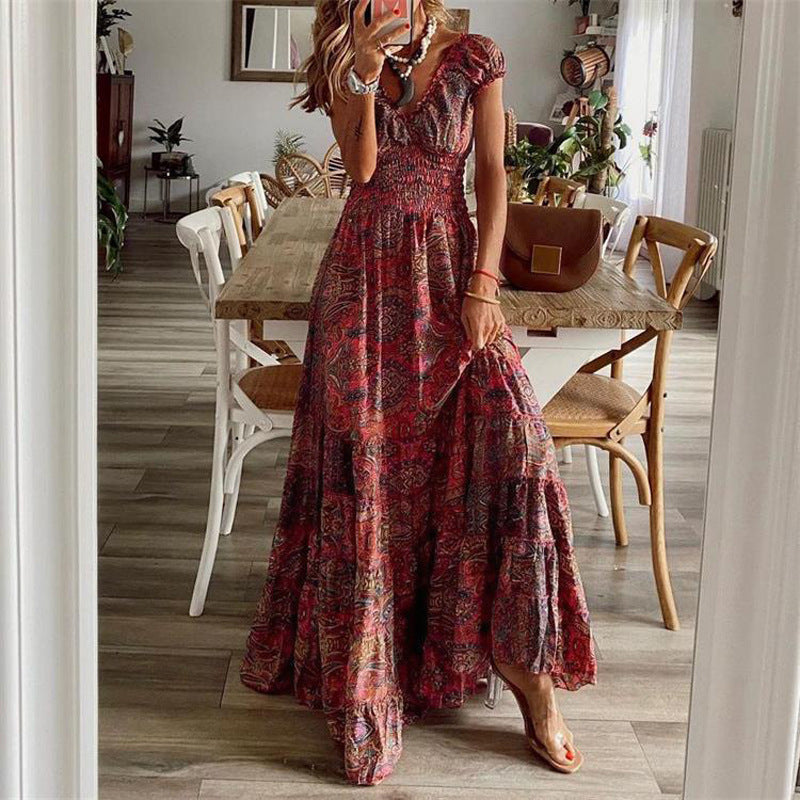 Women’s Summer Floral Midi Dress – Waist-Cinching Elegant A-Line Outfit