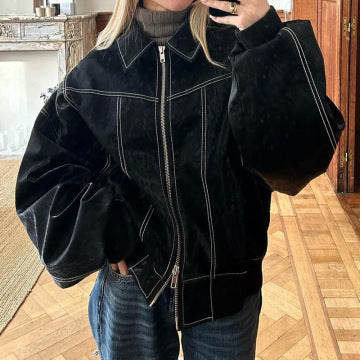 Lockere Mode Revers Jacke Reißverschluss Coole Langarm Reißverschluss Moto Biker Lederjacke Damenbekleidung
