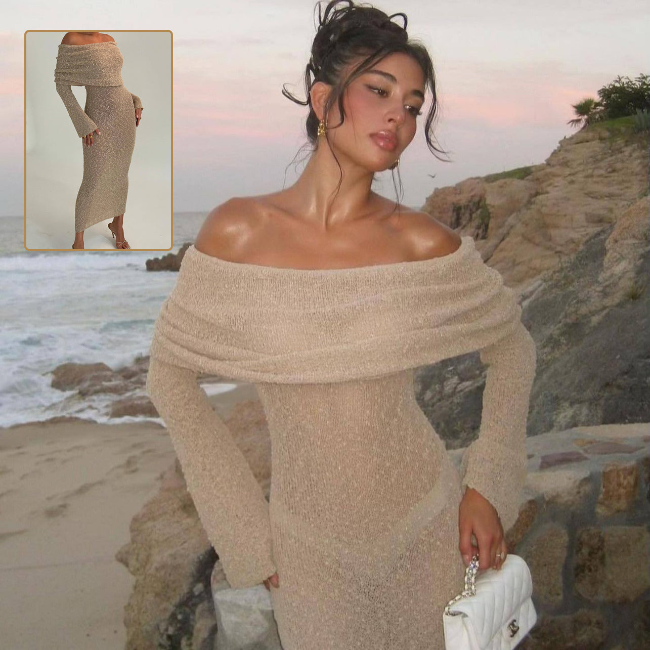 Stylisches Abendkleid – Figurbetont, gestrickt, schulterfrei, lang, modisch