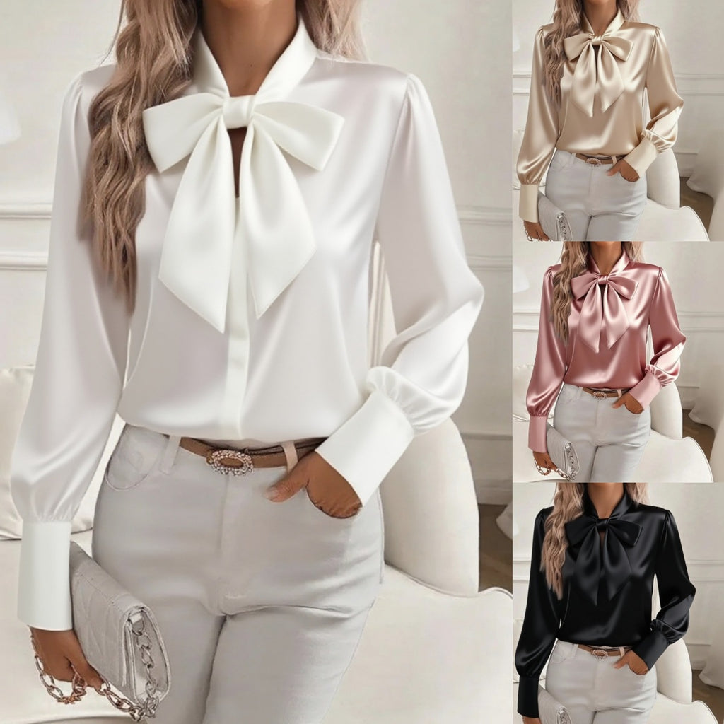 Women’s Elegant Bow-Tie Blouse – Long Sleeve Lace-Up Pullover Fashion Top