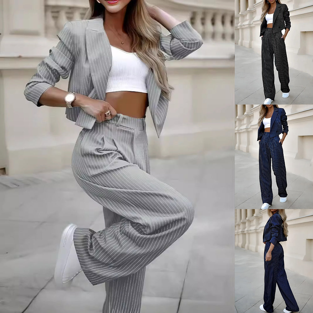 Women’s Spring Striped Suit – Casual Lapel Cropped Jacket with Straight Pants
