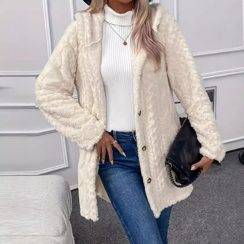 Kapuzenstrickjacke mit Knöpfen, langer Jacke, Winter, einfarbig, Langarmmantel