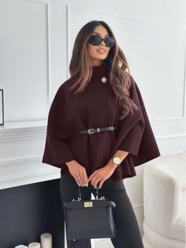 Women’s Woolen Cloak Jacket – Stand Collar Batwing Sleeve Belted Sweater Outwear
