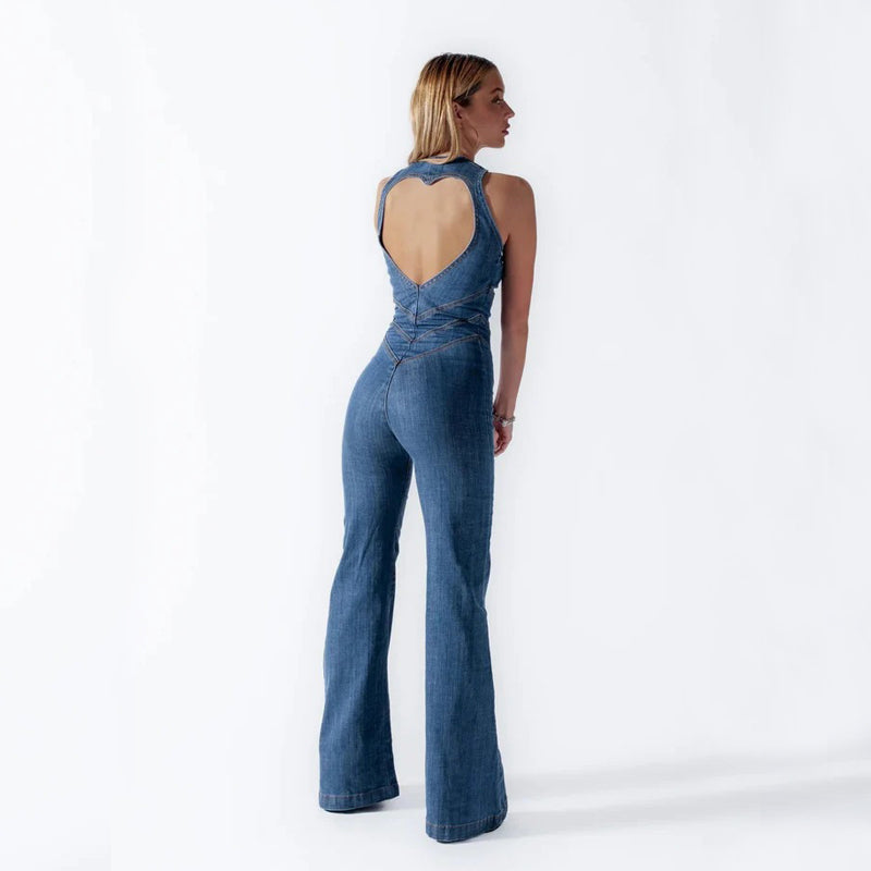 Women’s Summer Denim Jumpsuit – Slim Fit Halter Neck Heart-Shape Backless Style