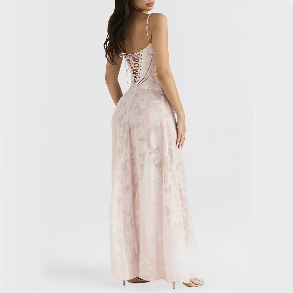 Robe Longue Fleurie en Dentelle pour Femme – Robe de Soirée Sexy à Bretelles et Dos Nu