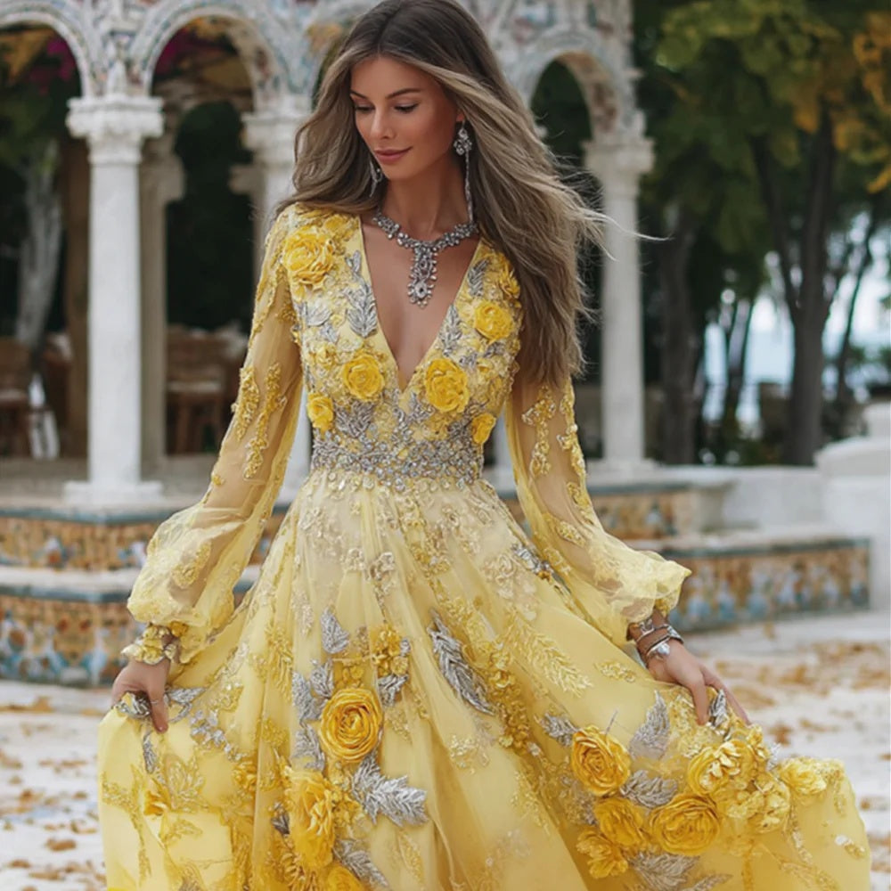 Retro Bohemian Floral Linen Maxi Dress, Loose Fit