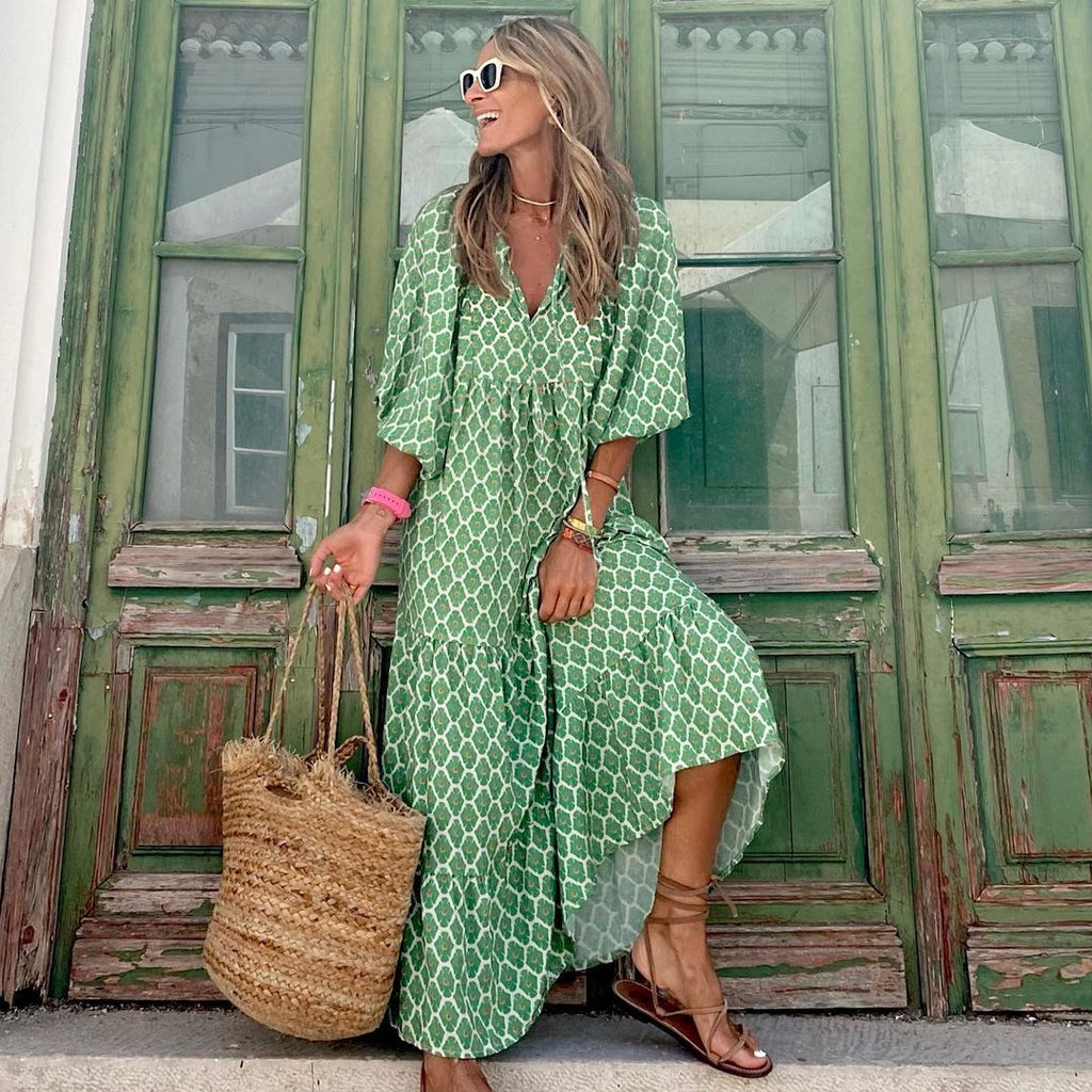 Vintage Bohemian Maxikleid – Elegantes V-Ausschnitt Kurzarm Sommer-Outfit