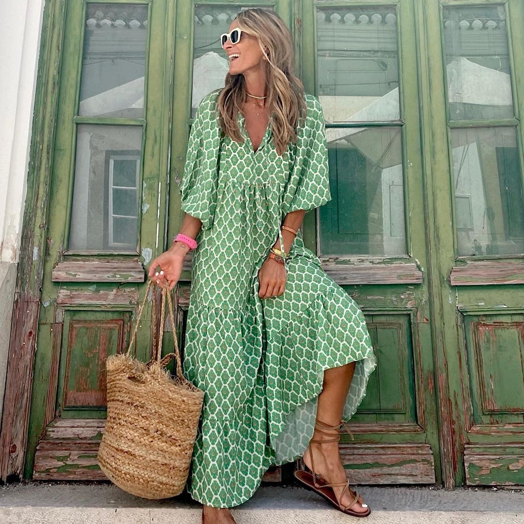 Vintage Bohemian Maxi Dress – Elegant V-Neck Short Sleeve Summer Outfit